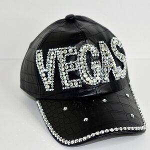 Women's Leather Baseball Cap with Vegas in Rhinestones